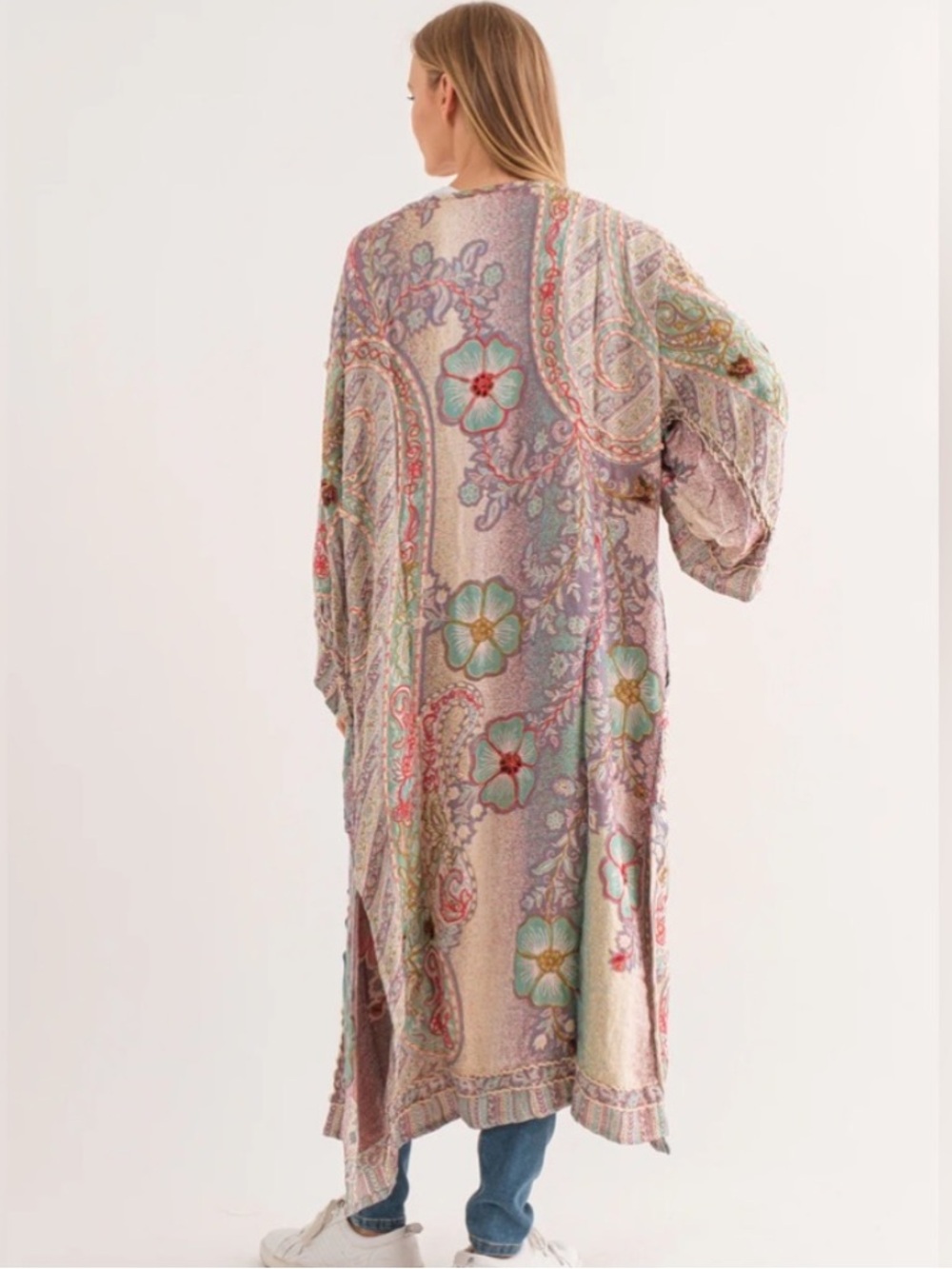 Raj Pastel Floral Patchwork Long Kimono - Pink, Green, Cream - Picture 6 of 6
